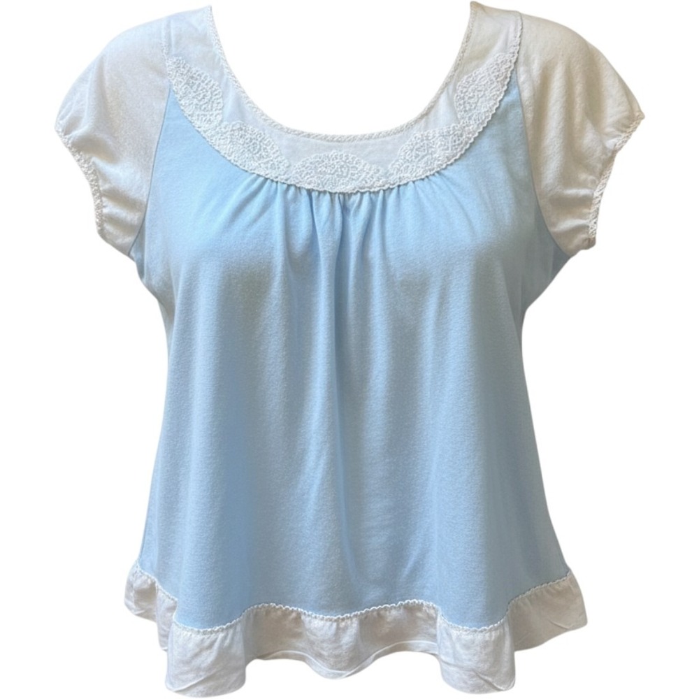 Oscar de la Renta Pima Cotton Pajama Set Blue White Lace Trim Medium
